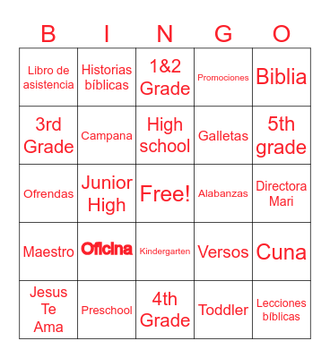 Sunday School Bingo Card
