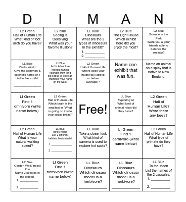 Boston Museum of Science Field Trip Bingo Card