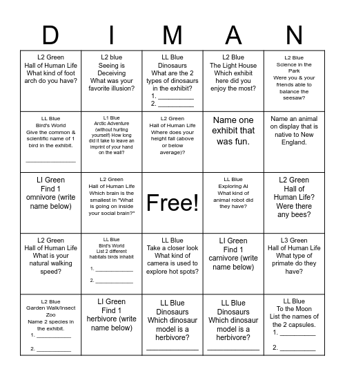 Boston Museum of Science Field Trip Bingo Card