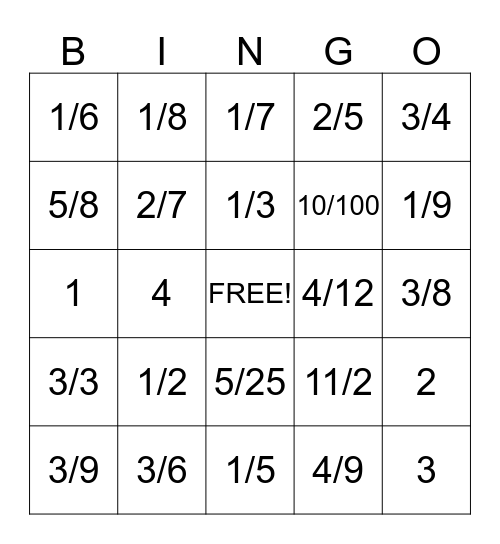 Fractions Bingo Card