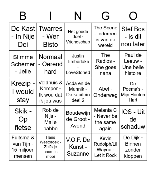 Jan's liedjes bingo Card