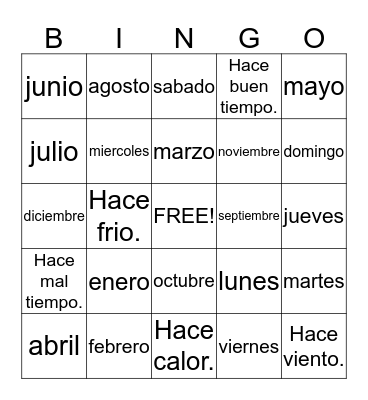 El Tiempo/Los Dias/Los Meses Bingo Card