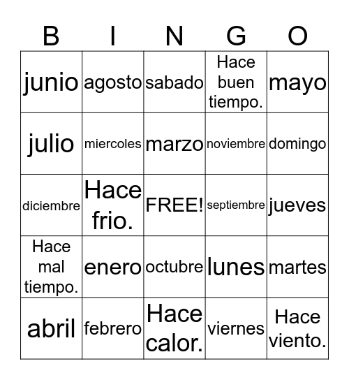 El Tiempo/Los Dias/Los Meses Bingo Card