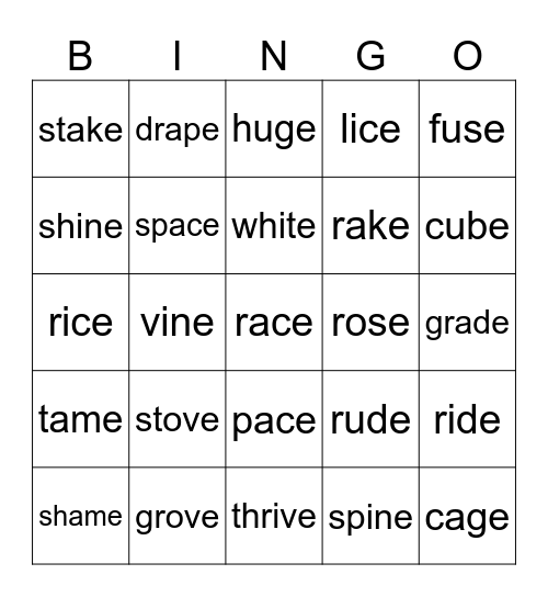 Magic E Bingo Card