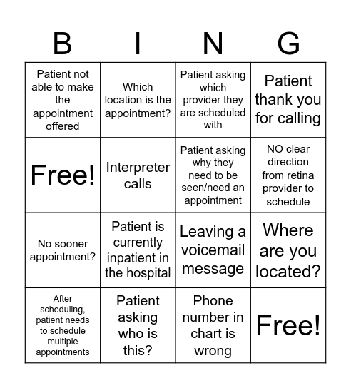 Ophthalmology Outbound  Bingo Card