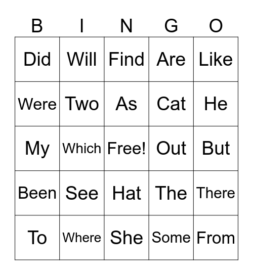 Sight Words Bingo Card