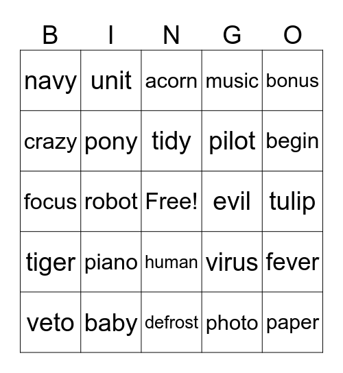 Open Syllable Bingo Card