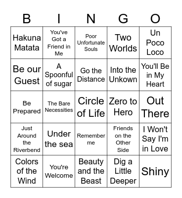 Disney Music Bingo Card