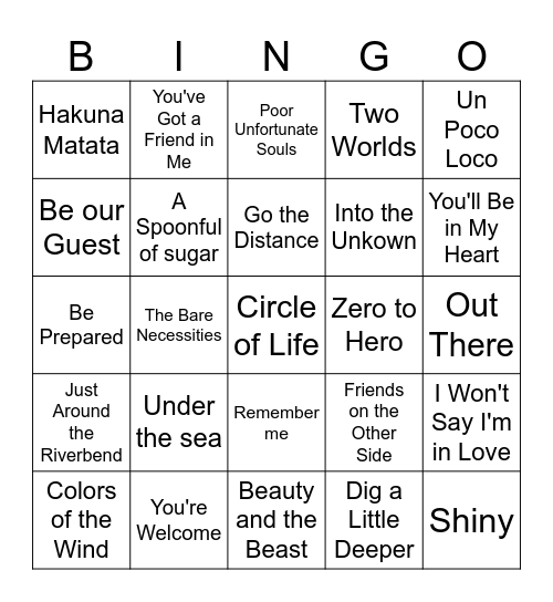 Disney Music Bingo Card