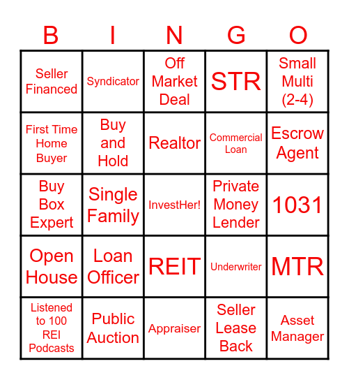 Real Estate Investing Bingo Card