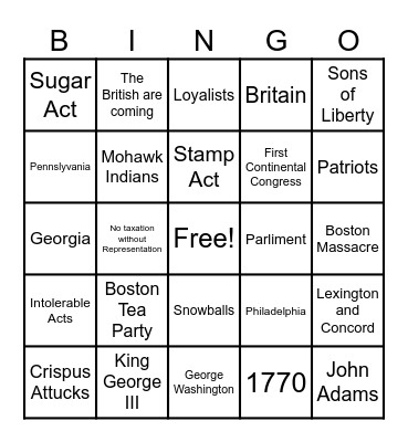 Causes of American Revolution with Fox 4th Hour Bingo Card