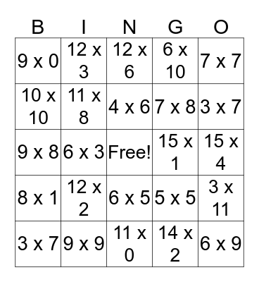Multiplication Bingo  Bingo Card