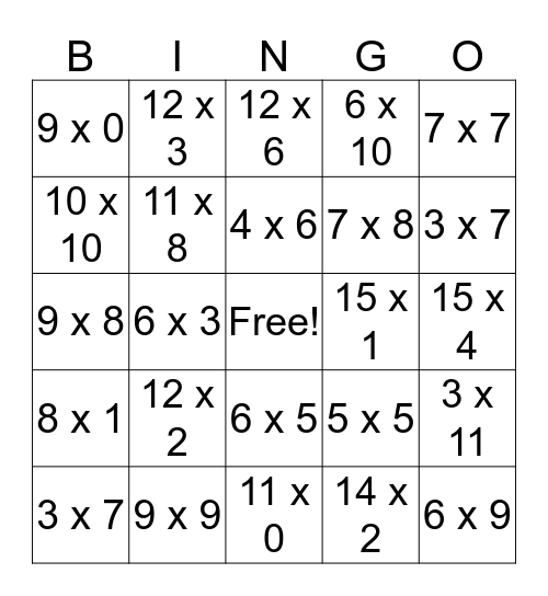 Multiplication Bingo  Bingo Card