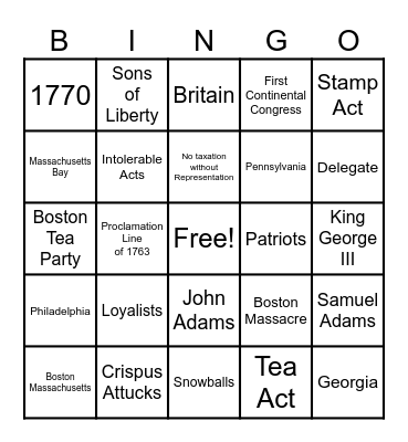 Causes of American Revolution with Fox 1st Hour Bingo Card