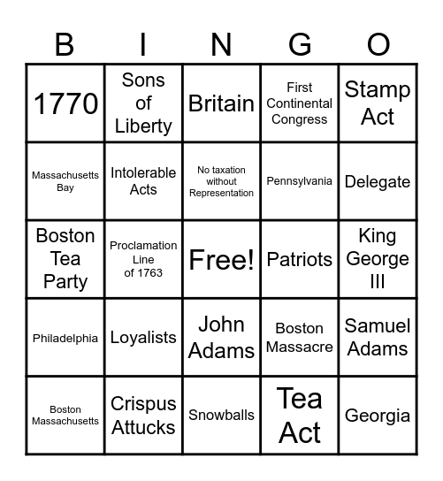 Causes of American Revolution with Fox 1st Hour Bingo Card