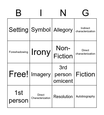 English Bingo Card