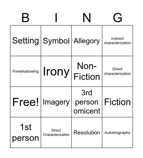 English Bingo Card