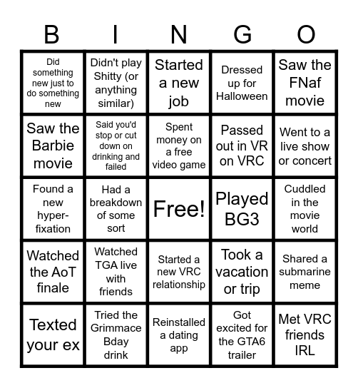 VRChat & 2023 Bingo Card