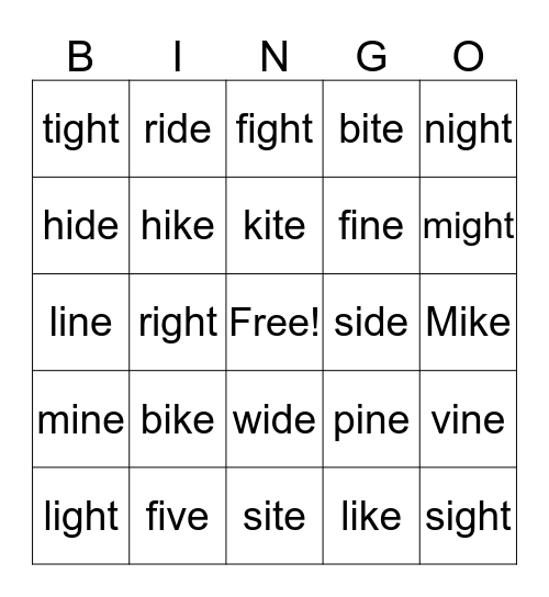 Long "i" sounds Bingo Card