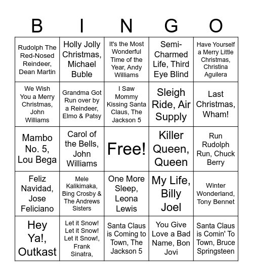 Holiday Tune* Bingo Card