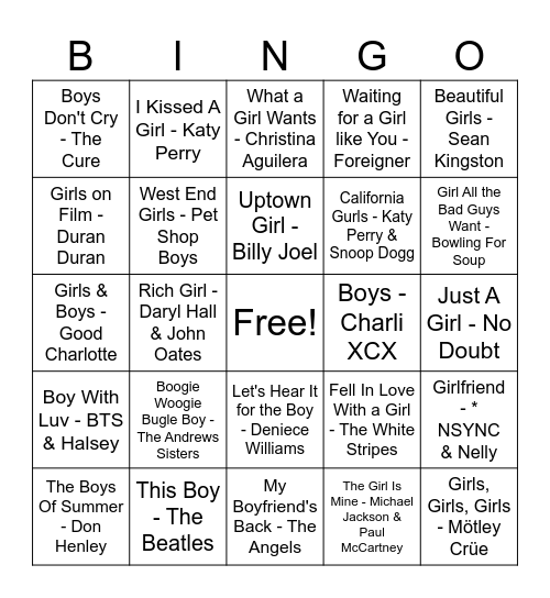 Capital Bingo - Girls & Boys Bingo Card