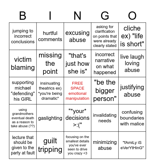 Family Fun :) Bingo Card