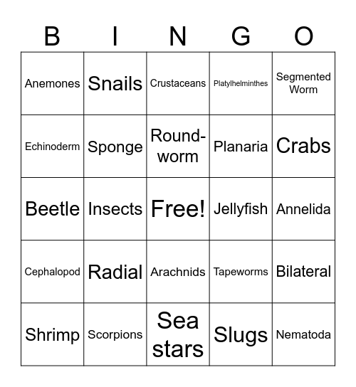 INVERTEBRATES Bingo Card