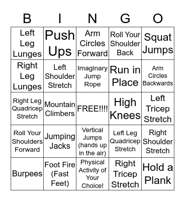 Fitness Bingo Card