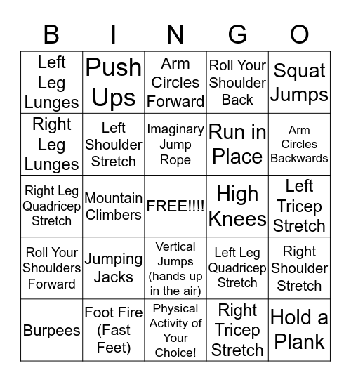 Fitness Bingo Card