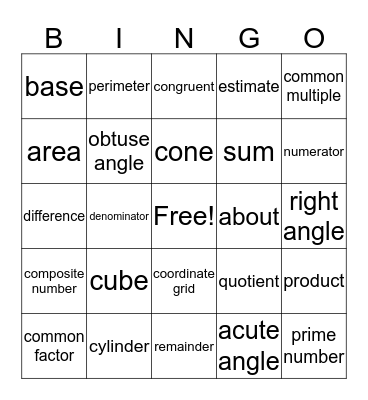 Math Vocabulary Bingo Card