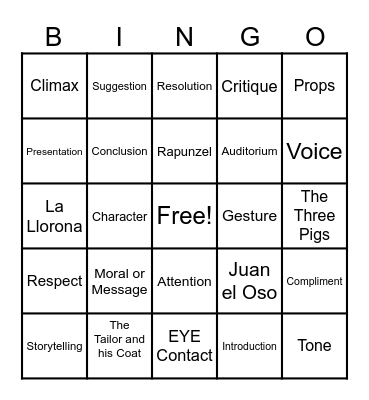 Story Elements and Performance - Mr. Kelly Bingo Card