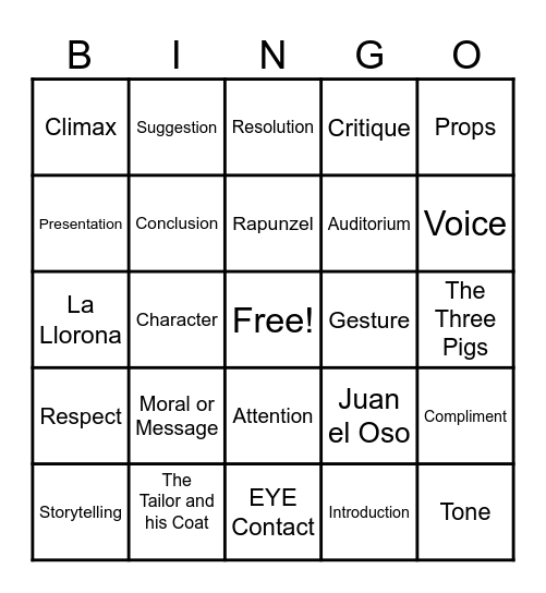 Story Elements and Performance - Mr. Kelly Bingo Card