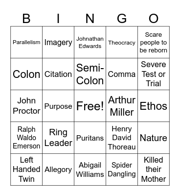 English 11 Semester 1 Bingo Card