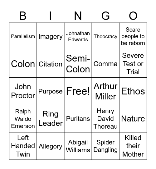 English 11 Semester 1 Bingo Card