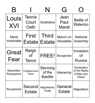 The French Revolution Bingo Card