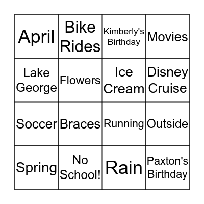 April Vacation Bingo! Bingo Card