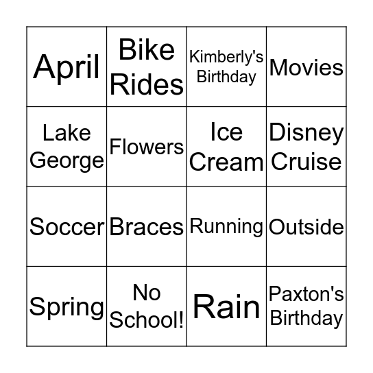 April Vacation Bingo! Bingo Card