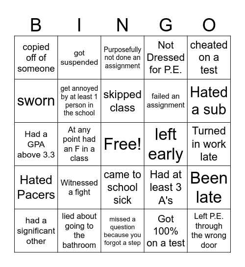 have you ever Bingo Card