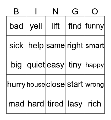 Synonyms Bingo Card