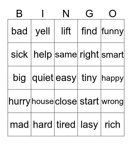 Synonyms Bingo Card
