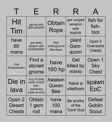 Terraria pre HM speed Bingo Card