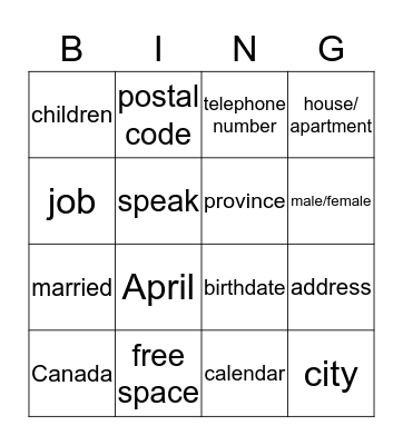 Personal Information Bingo  Bingo Card