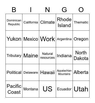 World Geography Bingo Card