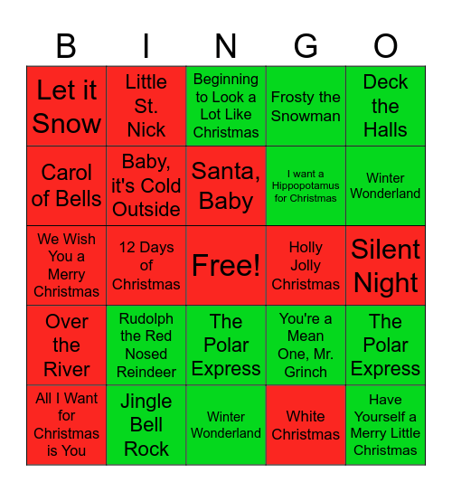 Holiday Music Bingo Card