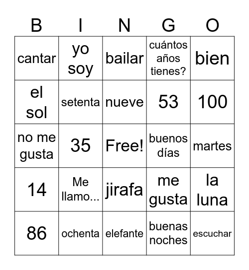 Español Bingo Card