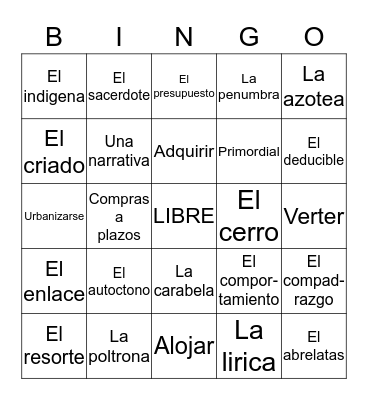 Vocabulario loteria Bingo Card