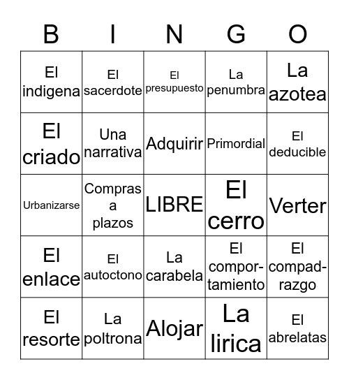Vocabulario loteria Bingo Card