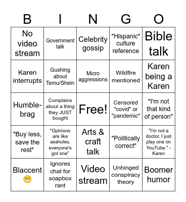 Cousin Chat Bingo Card