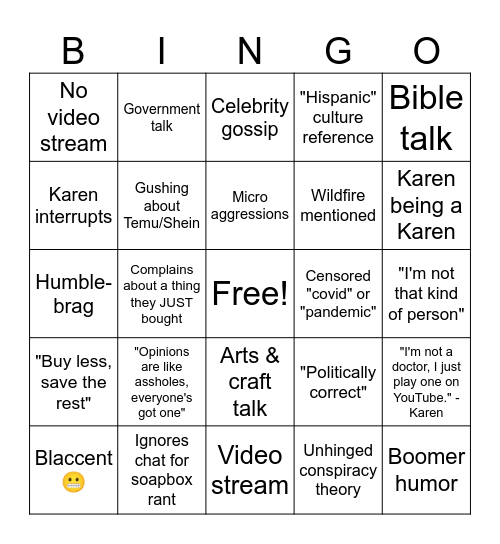 Cousin Chat Bingo Card