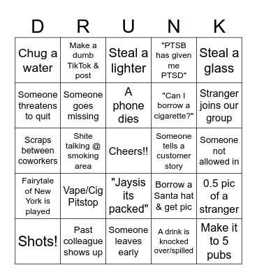 Pub Crawl Bingo Card